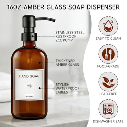 KEYWING 16oz Amber Glass Kitchen Soap Dispenser Set with Wood Tray | Hand and Dish Soap Dispenser Set with Stainless Steel Pumps, Waterproof Labels, Non-Slip Silicone Pads, for Kitchen, Bathroom