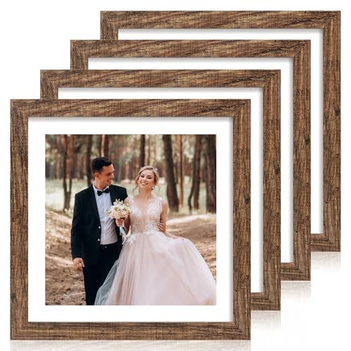 iRahmen 12x12 Picture Frame Set of 4 with Tempered Glass, Rustic Frame Display 10x10 Pictures with Mat or 12 x 12 Without Mat, Wood Square Photo Frames for Desktop Display and Wall Mounting - color: Brown, size: 12X12