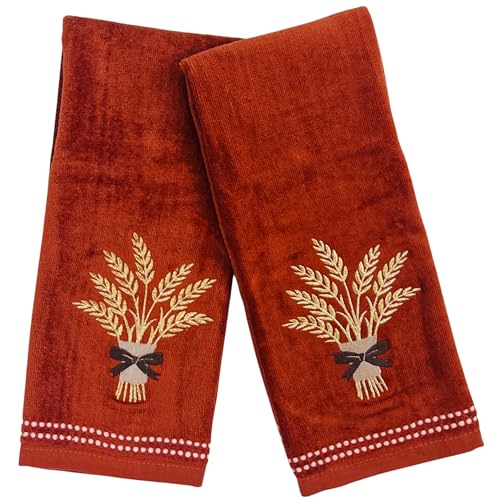 Fall Rust Guest Hand Bathroom Towels, Gold Rust Wheat Bouquet, 16 x 25" | Set of 2, 100% Soft Cotton Velour, Autumn Farmhouse Decor for Bath or Kitchen, For Seasonal Parties & Hostess Gifts - color: Wheat Bouquet