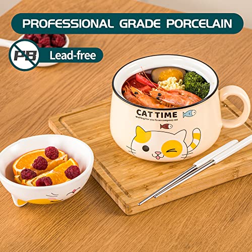 Ramen Bowl Set with Chopsticks, Cute Cat Instant Ramen Noodle Bowls with Lid, 34.5 OZ Extra Large Ceramic Soup Bowls with Handle, Japanese Ramen Cooker, Microwave safe (Yellow) - color: Yellow