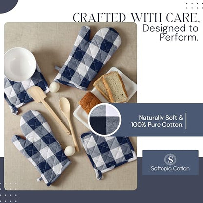 Oven Mitt & Pot Holder Buffalo Plaid Check 100% Cotton Heat Resistant Oven Gloves (7"x13") & Hot Pads (8"x8") Combo for Baking, Cooking - Navy - color: Navy Buffalo Plaid