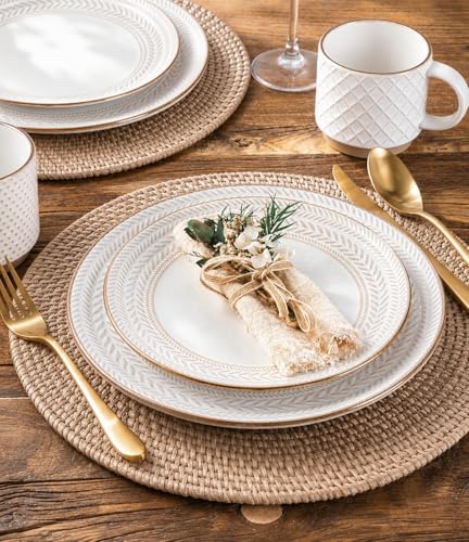 GBHOME Stoneware Dinnerware Set for 4, 12 piece Farmhouse Plates and Bowls | Elegant Embossed Ceramic Dish Set, Scratch Resistant, Microwave & Dishwasher Safe, Off white - color: Off White-Wheat Ear