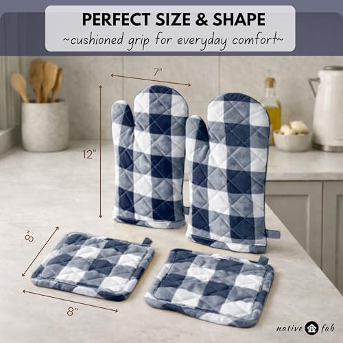 Native Fab Buffalo Plaid Check Oven Mitts and Pot Holders Set of 4, 100% Cotton Heat Resistant Kitchen Gloves, 2 Oven Mitts (7x13), 2 Pot Holders (8x8) for Cooking & Baking, Navy White - color: Buffalo, Navy Blue