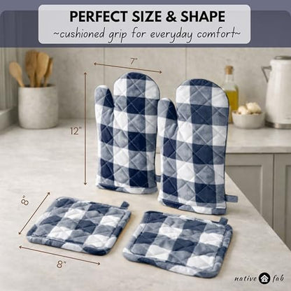 Native Fab Buffalo Plaid Check Oven Mitts and Pot Holders Set of 4, 100% Cotton Heat Resistant Kitchen Gloves, 2 Oven Mitts (7x13), 2 Pot Holders (8x8) for Cooking & Baking, Navy White - color: Buffalo, Navy Blue