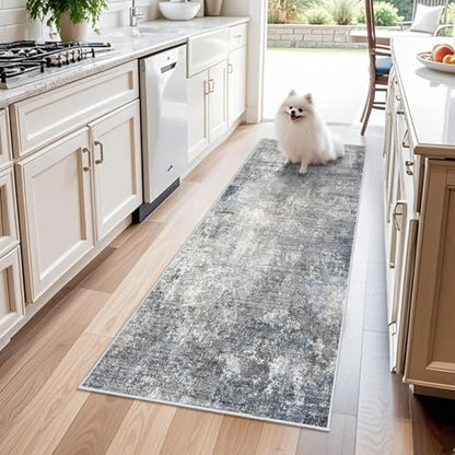 2x6 Non-Slip Washable Kitchen Runner Rug – Modern Coastal Abstract Carpet Runner for Hallway Bedroom Bathroom Laundry Room Entryway – Low-Pile Thin Rubber Backed (Blue Gray 2x6) - color: Blue Gray, size: 2' x 6' (Rectangular)