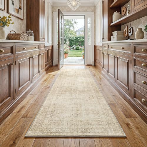 FMFUNCTEX 2x8 Washable Hallway Runner Rug Beige Vintage Neutral Non Slip | Cream Distressed Retro Faded Soft Low Pile Indoor Thin Carpet Entryway Kitchen Laundry Bedroom Bathroom Entrance Bedside - color: Beige, size: 2' x 8' (Rectangular)