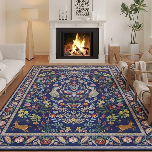 Rugcomf Living Room Rug 6x9 Rug Machine Washable Area Rug Floral Non-Slip Low Pile Large Rug for Living Room, Bedroom, Farmhouse, Dining Room, Kids Playroom(Blue) - color: Blue, size: 6' x 9' (Rectangular)
