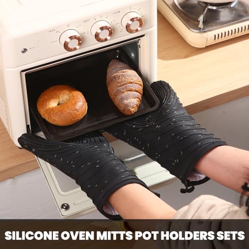 4 Pieces Oven and Pot Holders Mitts of Macaron Color Thickened Non-Slip Silicone Kitchen Gloves, Heat Resistant up to 500F, Essential for Kitchen Baking(makal-HEI) - color: Silicone-black