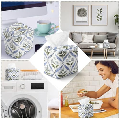 Blue Fabric Tissue Box Cover - Floral Print Tissue Box & Decorative Square Napkin Holder Handmade Cotton for Home Bedroom Vanity Countertop Night Stands Office - style: Blue