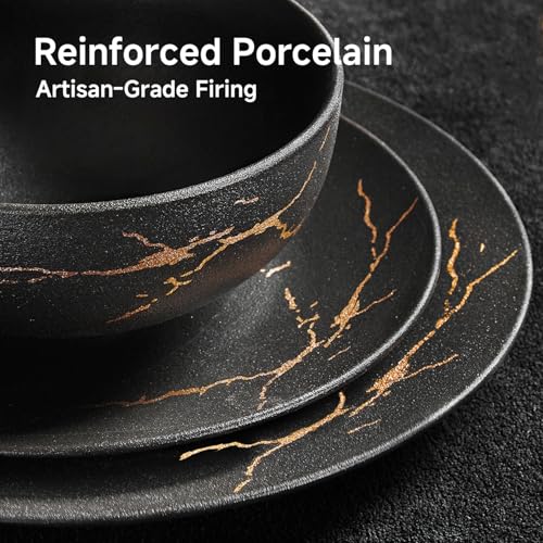 24-Piece Matte Crackle Dinnerware Sets, Black and Gold | Porcelain Plates & Bowls Set | Scratch Resistant Handcrafted Gold Luster | Microwave, Dishwasher Safe | Serves 8 | Ideal Gift - size: Service for 8 (24pcs)