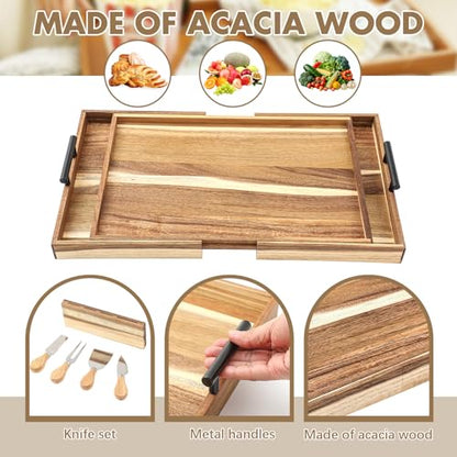 Lounsweer Acacia Large Charcuterie Board with Handles and Knife Set Expandable 19.6 to 36 Inch XL Wood Serving Tray Long Cheese Platter for Party Gatherings Entertaining House Gift(Double-Side Pull) - size: 19.6 to 36 Inch