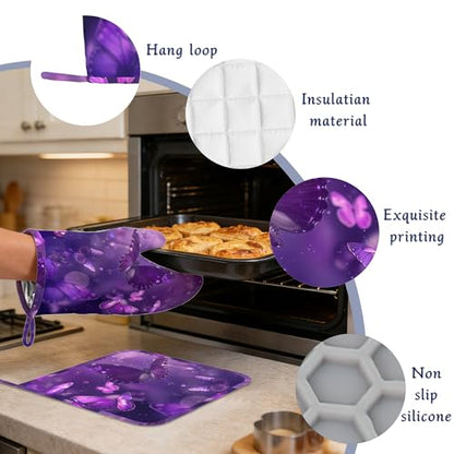 Purple Butterfly Oven Mitts and Pot Holders Sparkling Abstract Silicone Kitchen Accessories Set of 4 Heat Resistant Non-Slip Long Gloves Potholder for Chef Cooking Baking Gifts Women Men - color: Purple Butterfly,sparkling Abstract