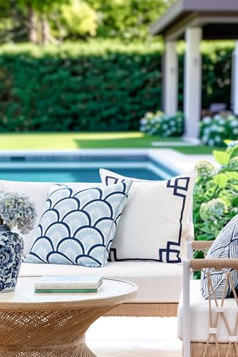 Hofdeco Premium Coastal Patio Indoor Outdoor Throw Pillow Cover Only, 20"x20" Water Repellent for Backyard, Couch, Baby Blue Navy Print Tropical Ravenala Palm Tree - color: Baby Blue Navy Tropical Ravenala Palm Tree 20"x20"