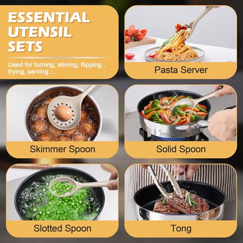 Homikit 15-Piece Kitchen Cooking Utensil Set, Silicone Utensils with Holder | Kitchen Gadgets Tools include Slotted Spatula Ladle Turner for Nonstick Cookware, Heat Resistant & Dishwasher Safe, Khaki