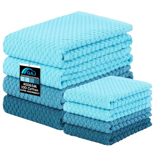 8 Pack Kitchen Towels and Dishcloths Set, 100% Ring Spun Cotton 16 x 25 inches Kitchen Towels and 13 x 13 in Dish Cloths Super Soft and Absorbent Towels Set - color: Ocean