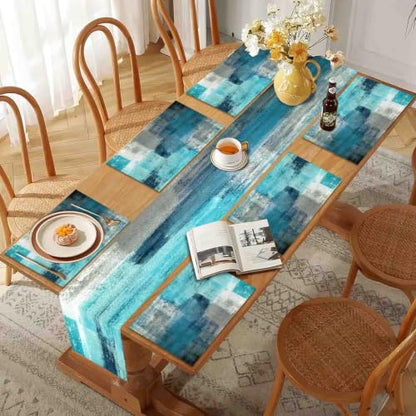 Mcalk Farmhouse Turquoise Table Runner and Placemats Set of 6 Pieces,Teal Turquoise Placemats Modern Art,Blue Grey Abstract Art Cloth Place Mats for Kitchen,Linen Material for Dining Table - color: 01turquoise