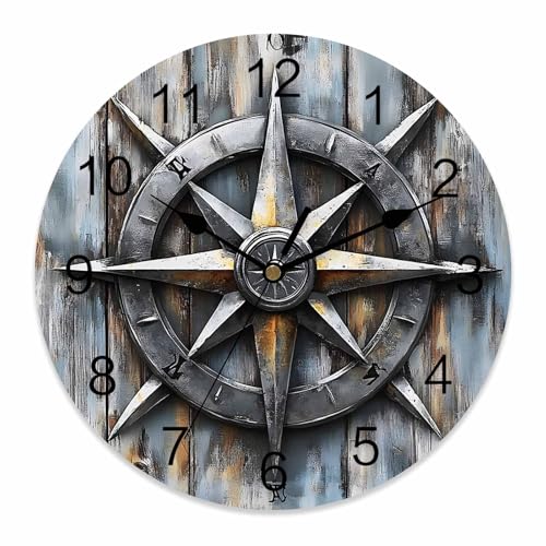 Yukro 14 Inch Retro Compass Wall Clock, Navigation Compass Wood Grain Battery Operated Silent Non Ticking Clocks, Easy to Read Round Wall Clock for Kitchen/Living Room/Bedroom/Office - color: Light Beige Gray Tan, size: 14 Inch