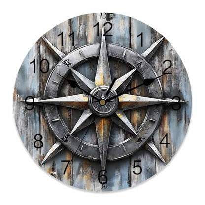 Yukro 14 Inch Retro Compass Wall Clock, Navigation Compass Wood Grain Battery Operated Silent Non Ticking Clocks, Easy to Read Round Wall Clock for Kitchen/Living Room/Bedroom/Office - color: Light Beige Gray Tan, size: 14 Inch
