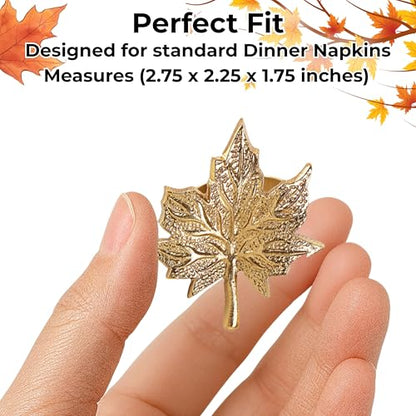 Metal Leaf Napkin Rings, 12-Pack, Antique Gold | Durable metal, 2.75x2.25x1.75 in each, polished finish, Thanksgiving, weddings, fall & holiday table décor