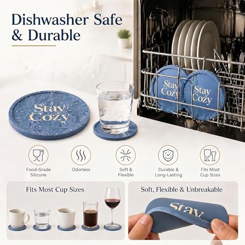 Silicone Coasters Set of 6, Premium Drink Coaster with Holder, Non-Slip, Non-Stick, Dishwasher Safe, Perfect for Hot and Cold Drinks, Protect Your Desks and Tables(6 Morandi Blue) - color: Morandi Blue