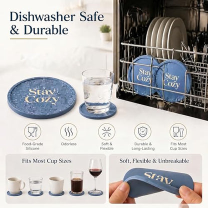 Silicone Coasters Set of 6, Premium Drink Coaster with Holder, Non-Slip, Non-Stick, Dishwasher Safe, Perfect for Hot and Cold Drinks, Protect Your Desks and Tables(6 Morandi Blue) - color: Morandi Blue