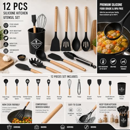 Caboh Silicone Kitchen Utensil Set 12 PCS – Heat Resistant Cooking Tools with Spatula, Serving Spoon, Tongs, Whisk & Holder, Nonstick Safe BPA-Free Kitchen Accessories Set (Black) - color: Black