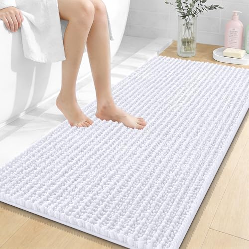 OLANLY Bathroom Runner Rugs 47x24, Thick Soft Absorbent Chenille Bath Rugs | White, Quick-Drying Rubber Backing, Long Shaggy Bath Mat, Machine Washable for Floor, Tub and Shower, Home Decor Accessories - color: White, size: 47" x 24"