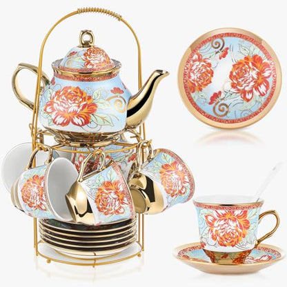 Zhehao 20 Pcs Porcelain Tea Set with Metal Holder and Spoon Adult Ceramic Tea Set European Flower Painting Teapot Cup Saucer Spoon for Women Mom Gift, Large Version (Retro Style) - color: Retro Style