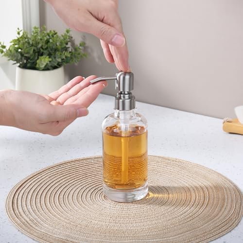 Clear Glass Soap Dispenser with Brushed Nickel Pump, 11 OZ Liquid Soap Dispenser Cylindrical with Stainless Steel Pump for Dish Hand Soap Bathroom Kitchen Vanity Countertop - color: Brushed Nickel, size: 11 oz