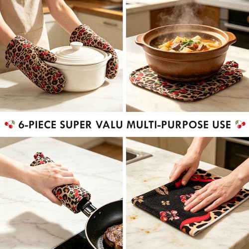 6-Piece Cheetah Cherry Oven Mitts and Pot Holders Set for Cooking | Gloves with Kitchen Towels, Heavy Duty Heat Proof Kitchen Essentials for Cooking, Baking, Grilling