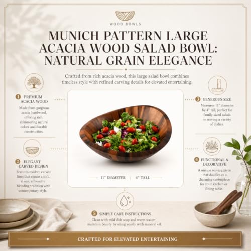 Arthur Court Large Acacia Wood Salad Serving Bowl - Modern Centerpiece for Fruits or Salads - 11 Inch Diameter 4 Inch Tall - size: 11 inches Diameter 4 Tall