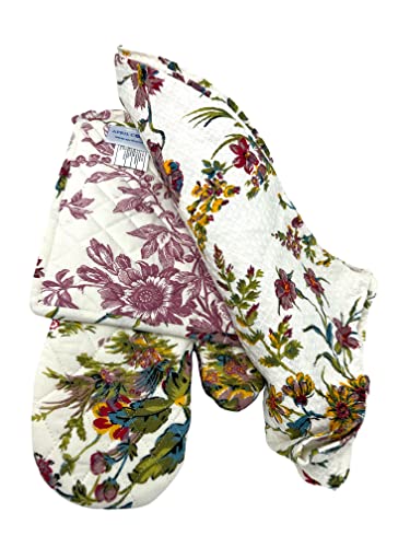 April Cornell Plum Floral 4-pc. Kitchen Linen Gift Set with 2 Tea Towels, 1 Oven Mitt & 1 Pot Holder | 100% Cotton | Summer Botanical Floral, Plum