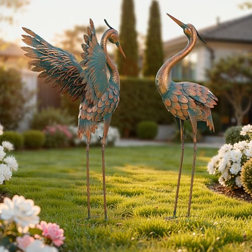 36.8" Metal Crane Garden Statue, Extra-Large Heron Yard Art | Handcrafted Blue Heron with U-ground Stakes for Stability. Weatherproof Iron Bird Art for Backyard, Lawn, Pond, or Patio. - color: 36" -Weathered Copper Blue