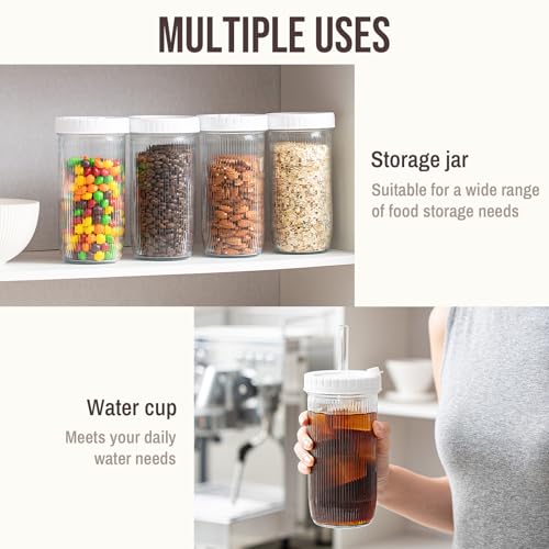 SoulTimes 24oz Mason Jar Drinking & Storage- Ribbed Glass Tumbler with Straw and Lid. Wide Mouth Boba Cups for Ice Coffee, Smoothie, etc. Leakproof and Reusable Food Container For Travel To Go 【4 Pcs】
