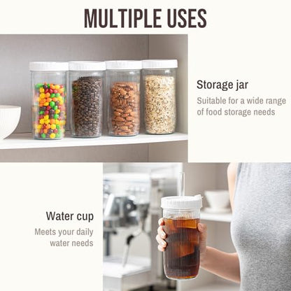 SoulTimes 24oz Mason Jar Drinking & Storage- Ribbed Glass Tumbler with Straw and Lid. Wide Mouth Boba Cups for Ice Coffee, Smoothie, etc. Leakproof and Reusable Food Container For Travel To Go 【4 Pcs】