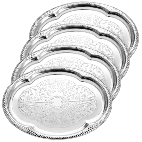 4 Pcs Large Silver Serving Tray 20.3 x 15.2 Inch Elegant Floral Metal Plate Silver Platter for Buffet Wedding Party Jewelry Decorative, Oblong