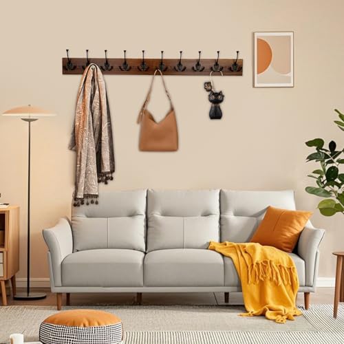 IBosins Brown Wood Wall Mounted Coat Rack, 34" Long with 10 Black Tri-Hooks | Burnt Finish Heavy Duty Wood Coat Hanger, Rustic Coat Hooks Rail for Entryway, Living Room, Coat, Scarf, Bag, Towel, Hat - color: Brown Wood Plate & Black Tri-Hook, size: 1 Item