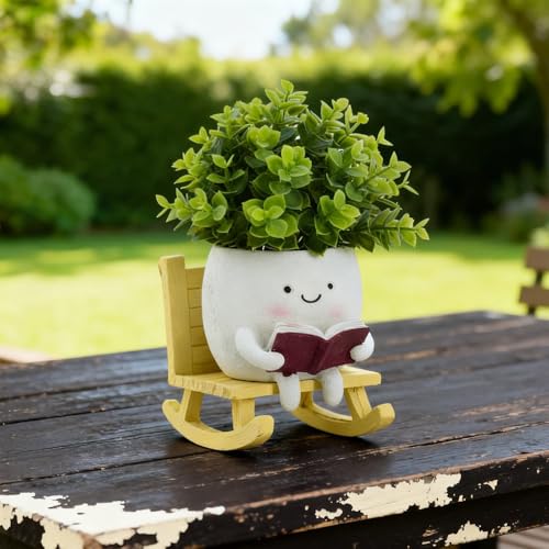 Smiley Face Planter Pot, Cute Resin Head Planter with Drainage Hole, Unique Rocking Chair Succulent Pot for Indoor Outdoor Plants, Funny Plant Lovers Gift for Mother's Day and Christmas (Upright) - size: 6.50×5.91×5.12"