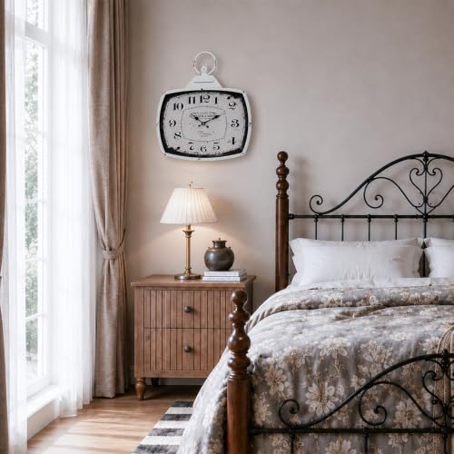 Retro Rectangle Wall Clock, Battery Operated Silent White Farmhouse Wall Clocks, Antique Old Design Style, Wall Clocks for Living Room,Kitchen,Bedroom,Office (17" H x 15" W) - color: White-15"×17"