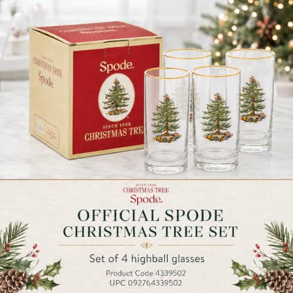 Spode Christmas Tree 15oz Highball Glasses, Set of 4 - Gold-Rimmed Elegant Holiday-Themed Glassware, Festive Holiday Drinkware for Christmas Parties, New Year’s Toasts & Festive Occasions | Ideal for serving cocktails & sparkling water, 22k gold-trimmed r