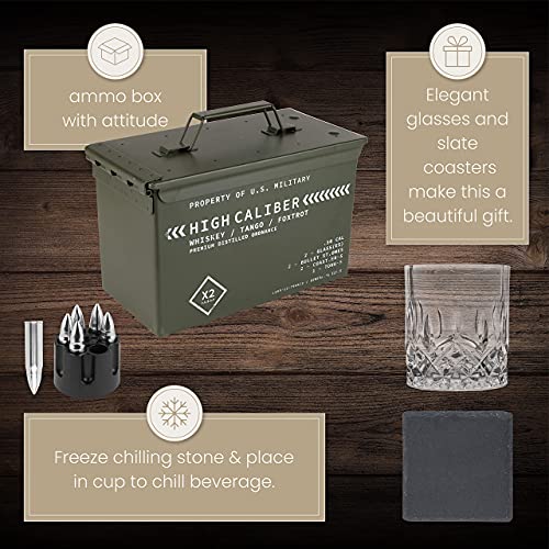 Whiskey Glasses and Stones in Unique Tactical Box Display | Bourbon Cocktail Cups, Coasters and Tongs | Gifts for Men | Glass Set