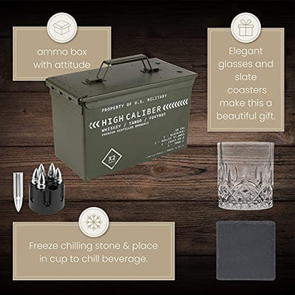 Whiskey Glasses and Stones in Unique Tactical Box Display | Bourbon Cocktail Cups, Coasters and Tongs | Gifts for Men | Glass Set