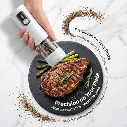 Electric Salt and Pepper Grinder Set, Rechargeable Automatic Pepper Mill with Base,Display, LED Lighting, Large Capacity-Ideal for Kitchen, BBQ Gifts - color: White