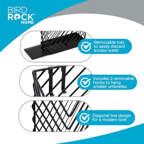 BIRDROCK HOME Decorative Umbrella Stand with Removable Water Tray - Large Metal Umbrella Rack and Cane Walking Stick Organizer for Entryway - Umbrella Holder for Indoor & Outdoor - Black, Diagonal - style: Diagonal