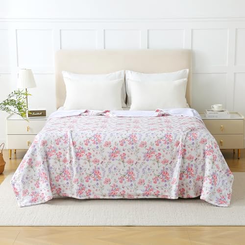 Viviland Cotton Muslin Reversible Fleece Blanket Lightweight Breathable Gauze Queen Size 90 x 90 Inches Pink Purple Flowers - color: Pink Purple Flowers, size: Queen Size (90 X 90 Inches)