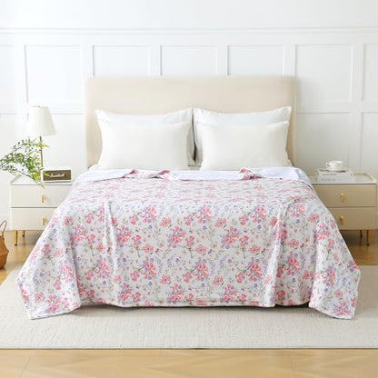 Viviland Cotton Muslin Reversible Fleece Blanket Lightweight Breathable Gauze Queen Size 90 x 90 Inches Pink Purple Flowers - color: Pink Purple Flowers, size: Queen Size (90 X 90 Inches)