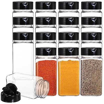 Bekith 16 Pack 9 oz Plastic Spice Jars with Black Cap, Plastic Spice Bottles Empty Seasoning Containers for Storing Spice, Herbs and Powders