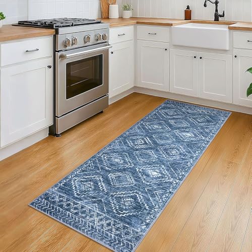 KILOCOCO Washable Runner Rug 2x5 ft Hallway Runners, Stonewashed Blue | Non Slip Runner Rug, Printed Kitchen Runner Rug, Low-Pile Entryway Runners, Soft Geometric Rugs for Bedroom Hall Living Room - color: Stonewashed Blue, size: 2' x 5' (Runner)