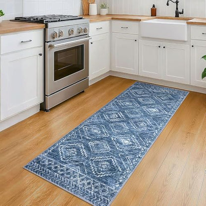 KILOCOCO Washable Runner Rug 2x5 ft Hallway Runners, Stonewashed Blue | Non Slip Runner Rug, Printed Kitchen Runner Rug, Low-Pile Entryway Runners, Soft Geometric Rugs for Bedroom Hall Living Room - color: Stonewashed Blue, size: 2' x 5' (Runner)