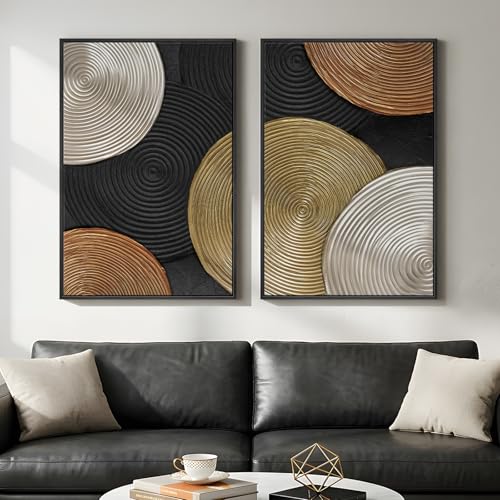 Large Framed Abstract Circles Wall Art Set of 2 for Living Room, Modern Minimalist Neutral Gold Black Beige Canvas Artwork for Walls, Luxury Painting Print Wall Decor for Bedroom Office, 24x36 Inch - color: Black Gold White Orange